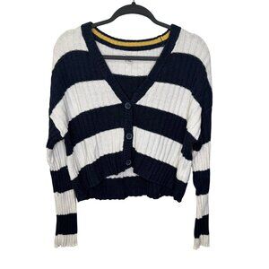 American Eagle Womens Striped Cropped Cardigan Navy White Nautical V-Neck Size M